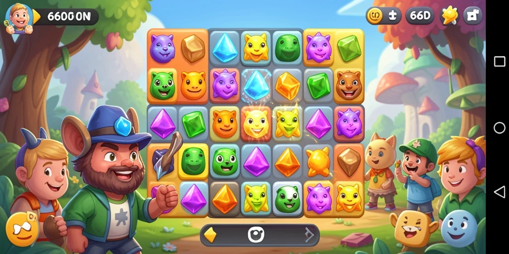 Gameplay Match-3 yang seru dan penuh warna di 66D.