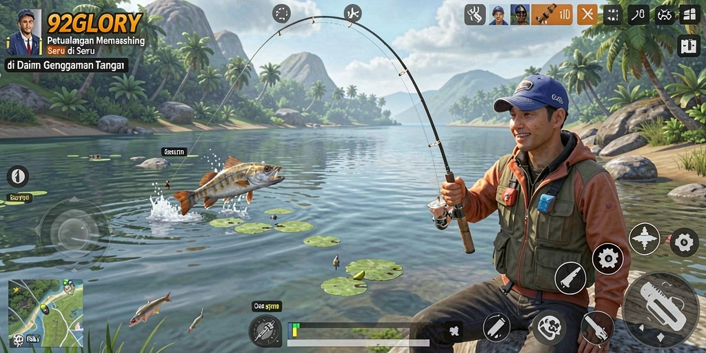 Screenshot gameplay 92GLORY yang menunjukkan aksi memancing yang seru.