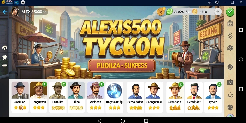 Screenshot ALEXIS500 menampilkan gameplay menarik dalam simulasi bisnis Tycoon.