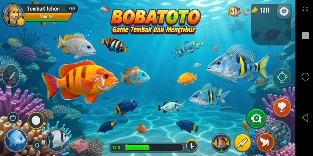 Screenshot dari gameplay BOBATOTO yang menunjukkan aksi menembak ikan yang seru.