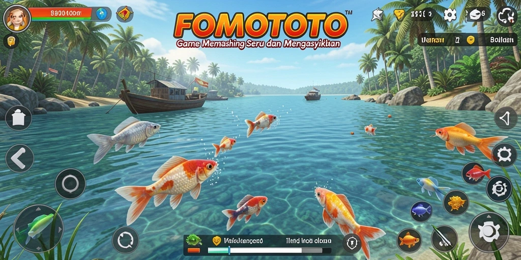 Screenshot gameplay FOMOTOTO menampilkan suasana memancing yang seru dan menantang.