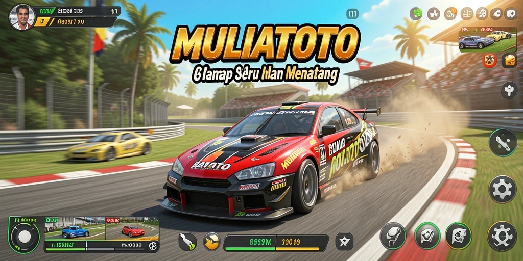 Tangkapan layar dari gameplay seru MULIATOTO dengan mobil balap di lintasan.