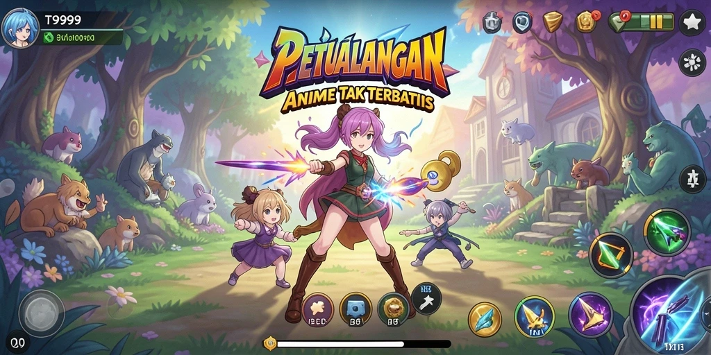 Gameplay T9999 menampilkan karakter Anime yang dinamis dan penuh warna.