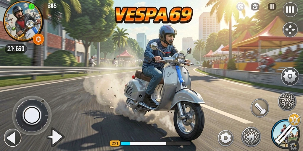 Screenshot gameplay VESPA69 dengan balapan yang mendebarkan.