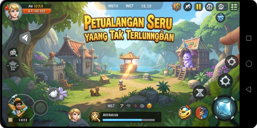 Screenshot W67 menampilkan aksi seru dalam dunia petualangan.