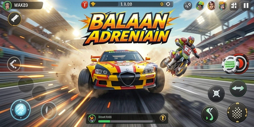 Tampilan gameplay balapan yang penuh aksi dalam WAK89.